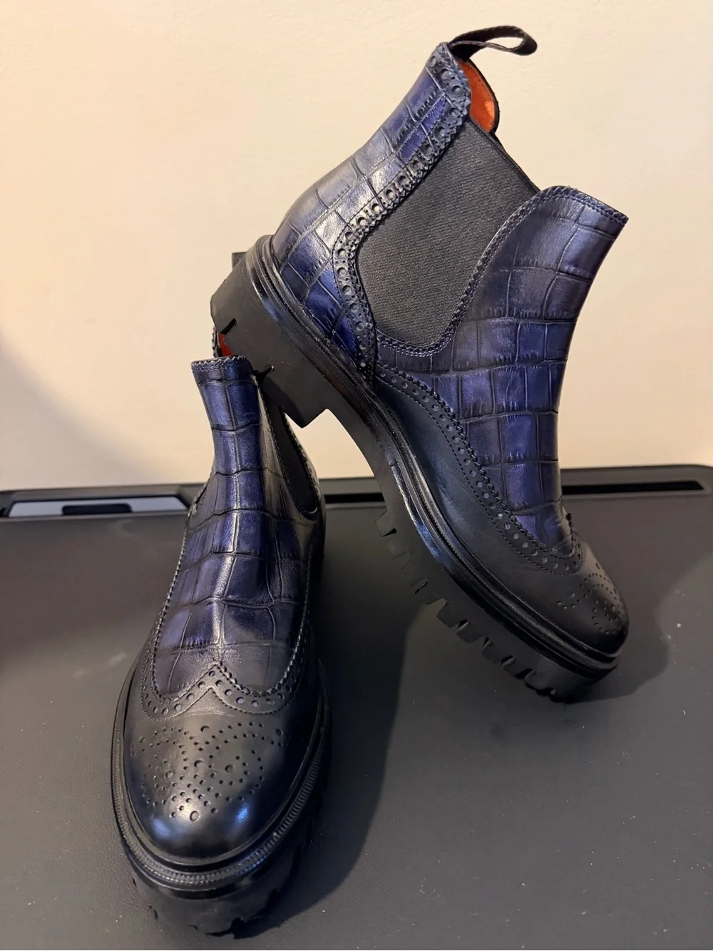 Santoni Women's Black Croc-Embossed Leather Chelsea Booties Authentic